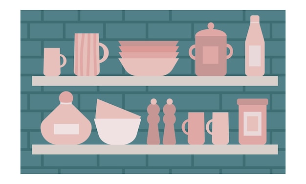 Wooden shelf with kitchen utensils Vector flat style kitchen dishes on brick wall background Pastel colors plates jars bottles