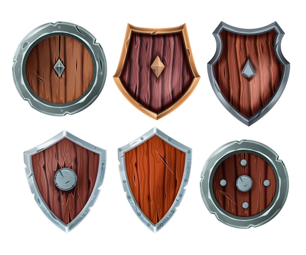 Wooden shield vector illustration set medieval game knight armor old cracked fantasy RPG battle