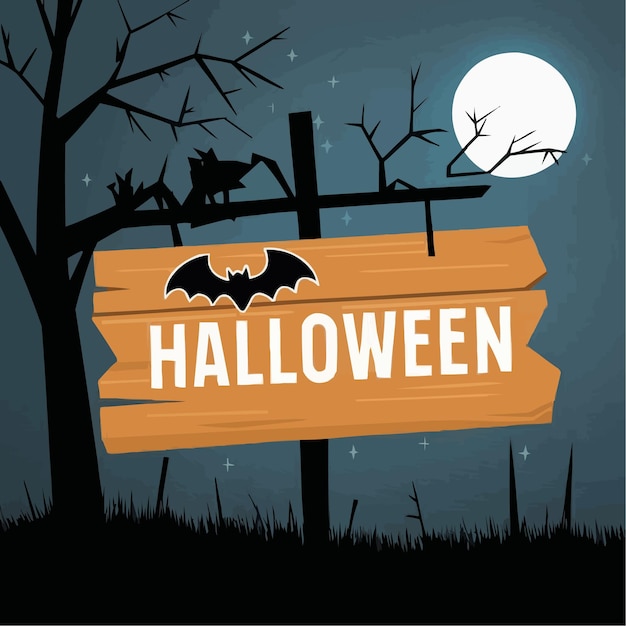 Vector wooden sign on bat in halloween background theme