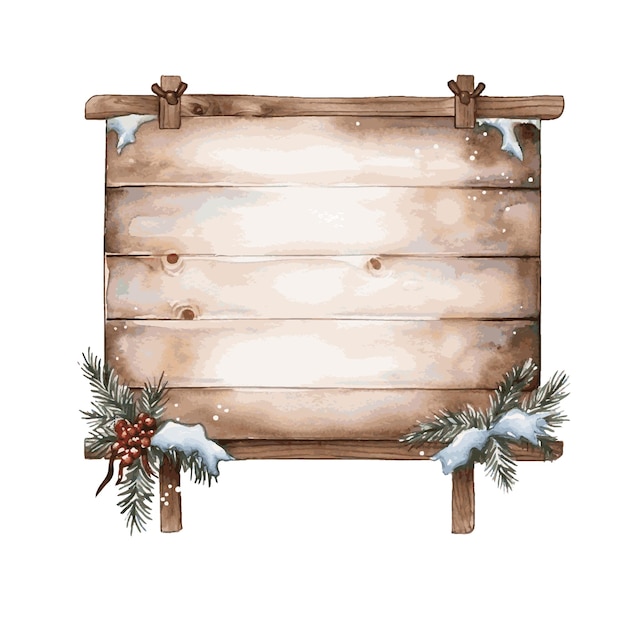 Wooden sign board with Christmas decor for greeting card design watercolor paint on white