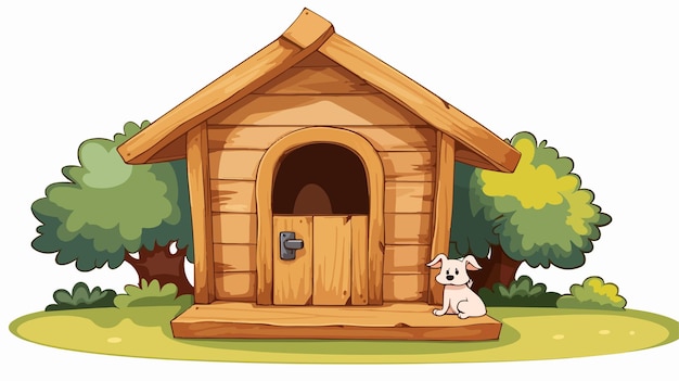 Vector wooden signboard beside doghouse illustration