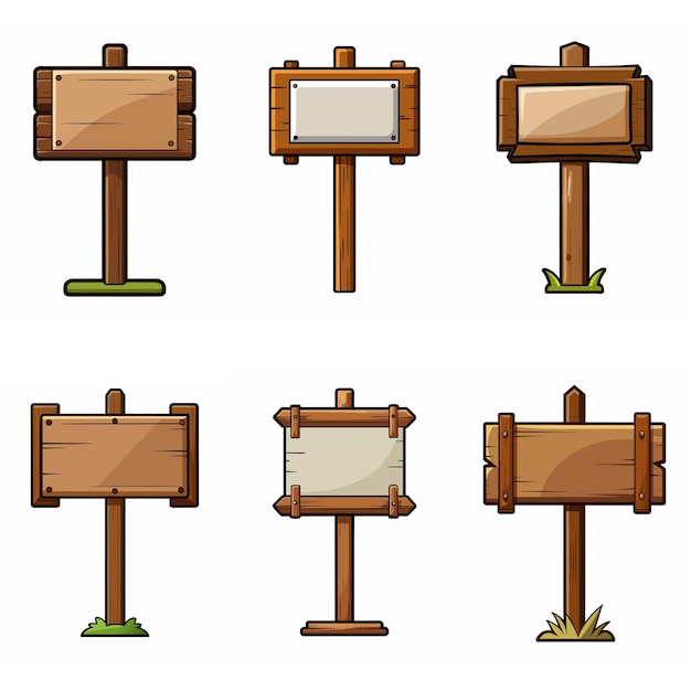 Wooden signboard set Medieval wood signs boards on pole Road direction signposts Vector art