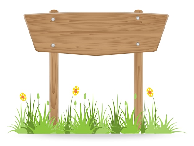 Wooden signpost on grass with flower on white background vector illustration