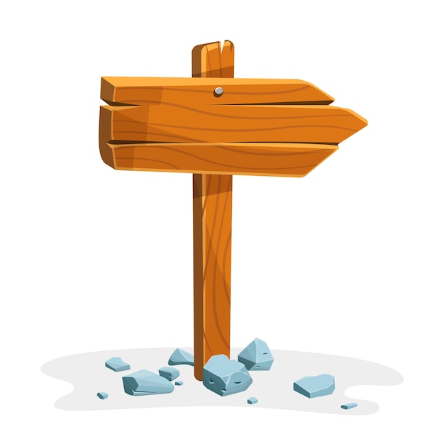 Wooden signpost with stones with empty space for text Set of a cartoon of wooden signs of various forms standing on the rocks Vector illustration