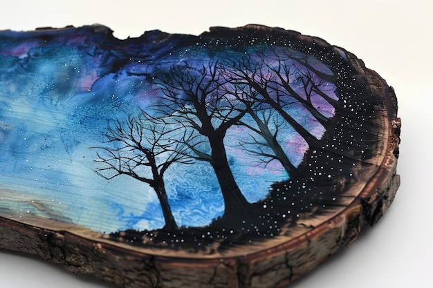 A wooden slice showing trees with a blue sky in the style of glowing colors precision painting light