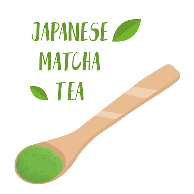 A wooden spoon with ground greens  matcha. Asian drink