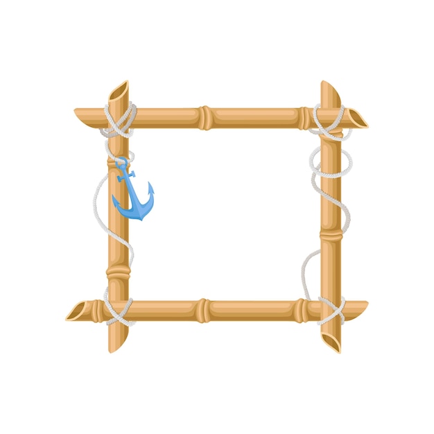 Wooden square frame made of bamboo sticks with anchor vector Illustration on a white background