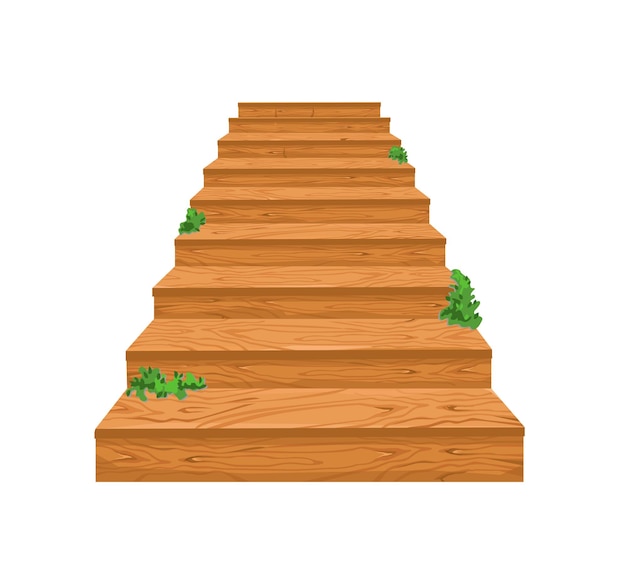 Wooden staircase leading up with sprouted greenery Cartoon staircase for a castle or an old house