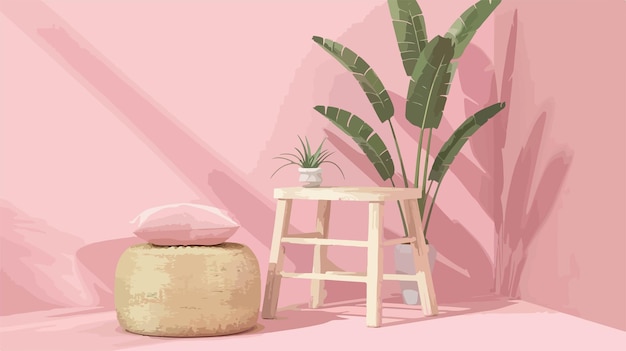 Vector wooden step stool with pillow houseplant and rattan