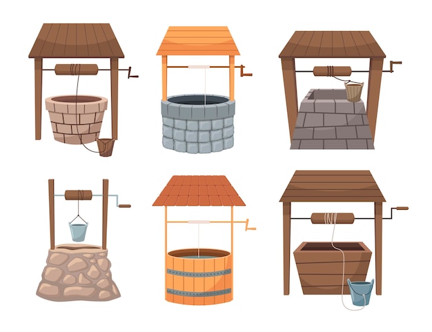 Wooden and stone wells flat vector illustrations set