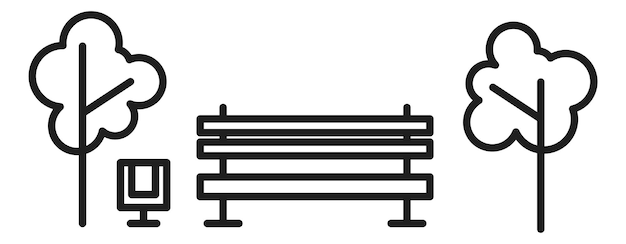 Wooden street bench with park trees. Linear icon