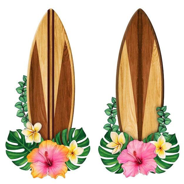  wooden surf boards and tropical flowers