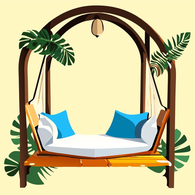 Vector wooden swing bench with pillows and blanket