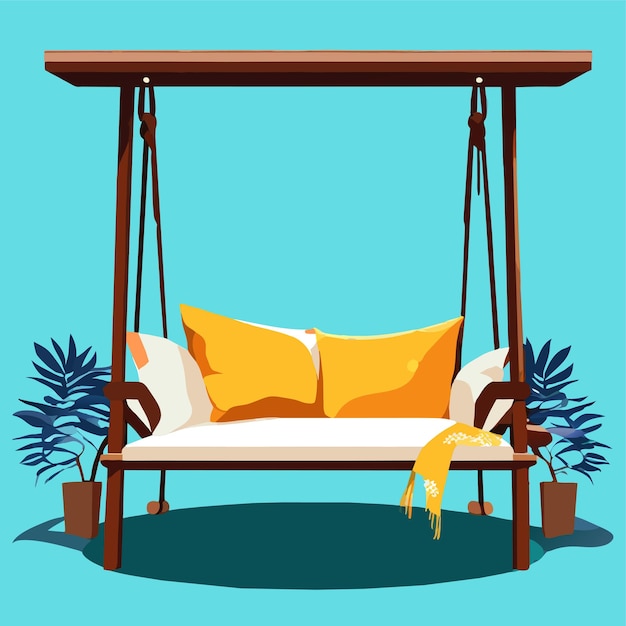 Vector wooden swing bench with pillows and blanket