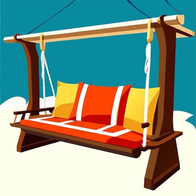 Vector wooden swing bench with pillows and blanket