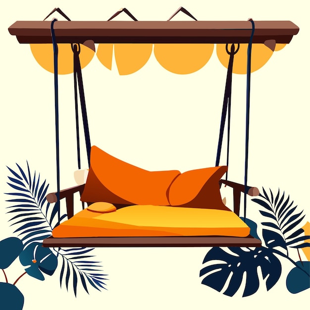 Vector wooden swing bench with pillows and blanket