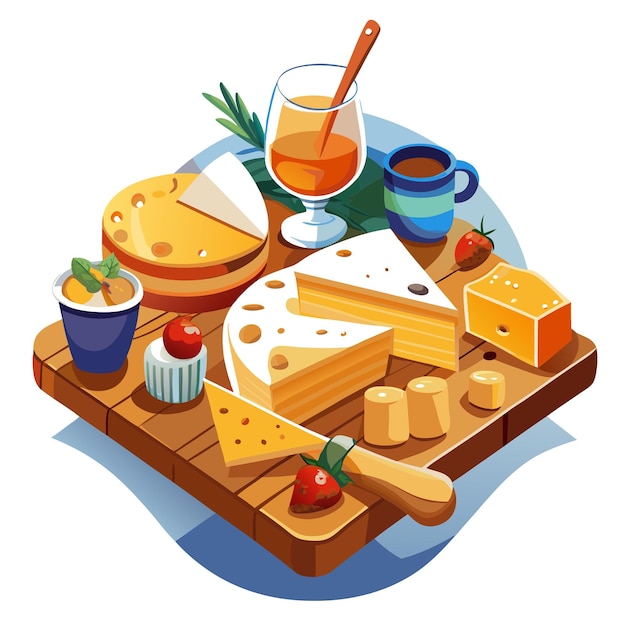 Vector a wooden table holds a cutting board laden with various cheeses above it rests a glass of honey