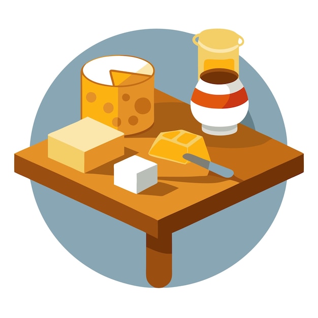 Vector a wooden table holds a cutting board laden with various cheeses above it rests a glass of honey