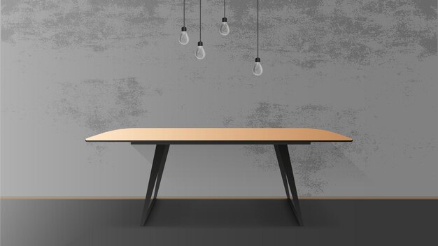 Vector wooden table with black metal base. empty table, gray, concrete wall.   illustration