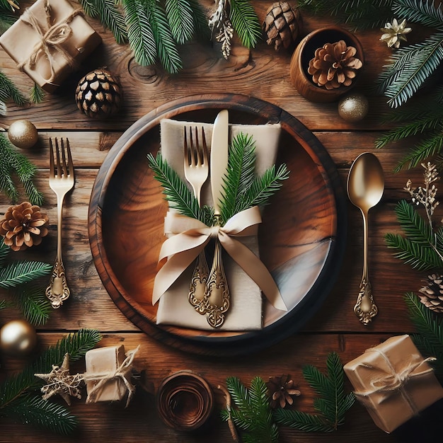 a wooden table with a plate with a christmas ornament and a plate with a christmas decoration on it