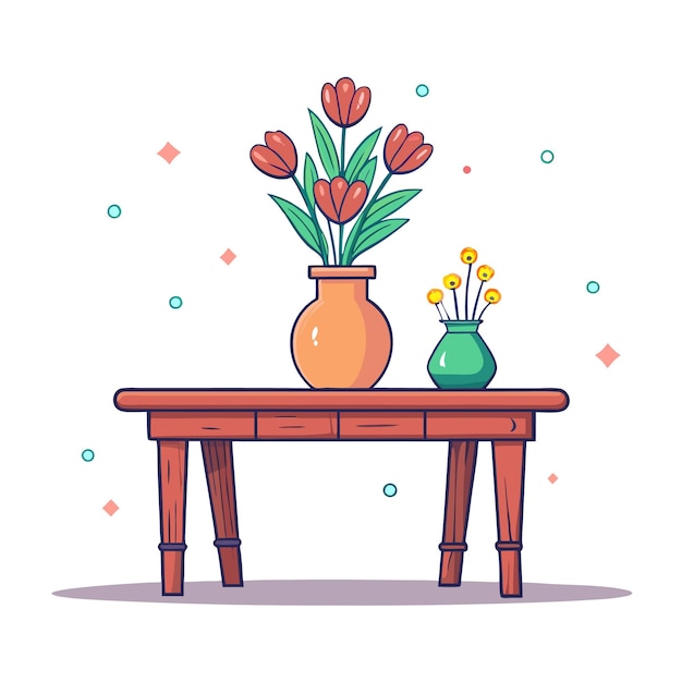 Vector a wooden table with two vases one with red flowers and the other with yellow flowers