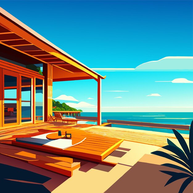 Wooden terrace with table and couch on sea beach