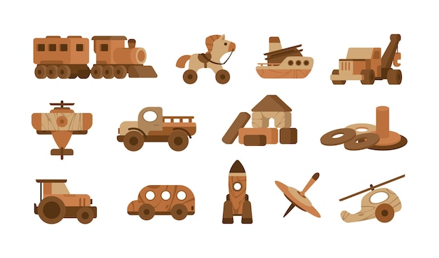 Wooden toys Cartoon toy workshop wood train car ship and animals different children puzzles isolated on white Vector set