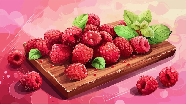 Vector a wooden tray with raspberries and leaves on it