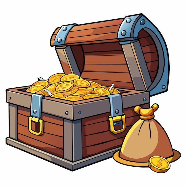 a wooden treasure chest with gold coins and a brown bag