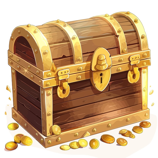 Vector a wooden treasure chest with gold coins and a wooden chest that says quot treasure quot