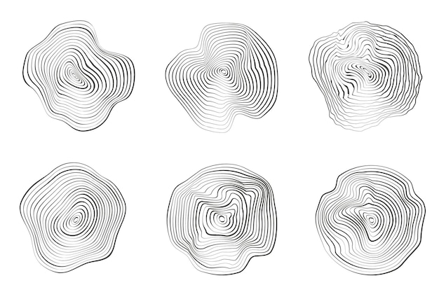 Wooden tree rings. Abstract topography circles. Organic texture shapes. Vector outline illustrations set.