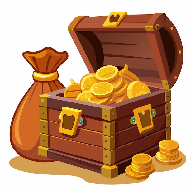 Vector a wooden trunk with a large wooden trunk and gold coins