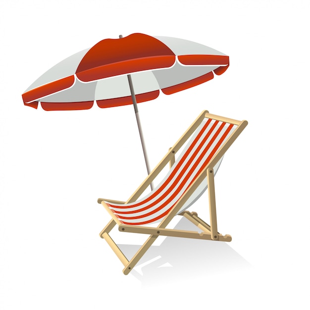 Wooden umbrella and deck chair. Summer trip, sea vacation and tropical travel concept.  illustration isolated.