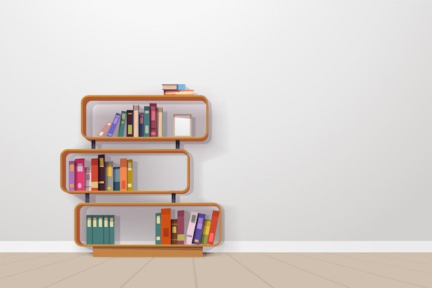 Vector wooden unit with books on bright room