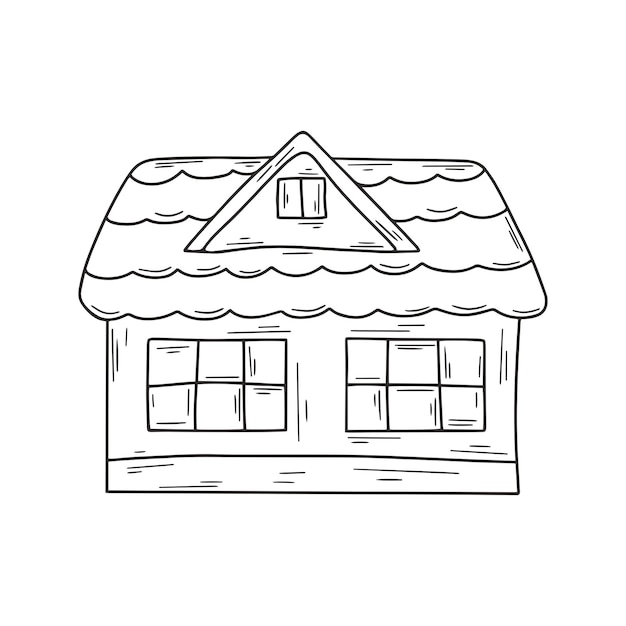 Wooden village house with an attic black sketch on white background home hand drawn engraving