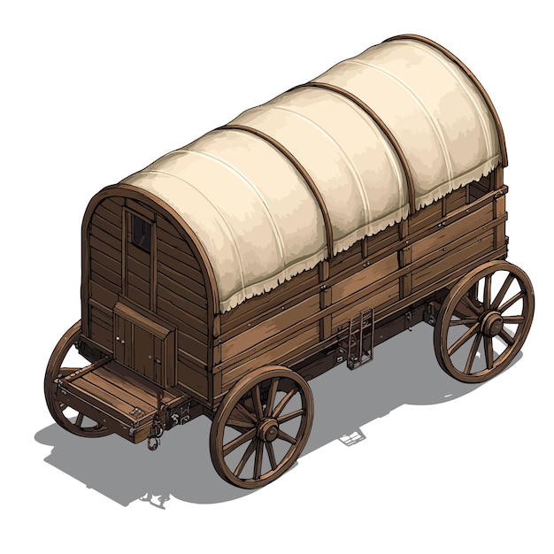 a wooden wagon with a white roof and a wooden door