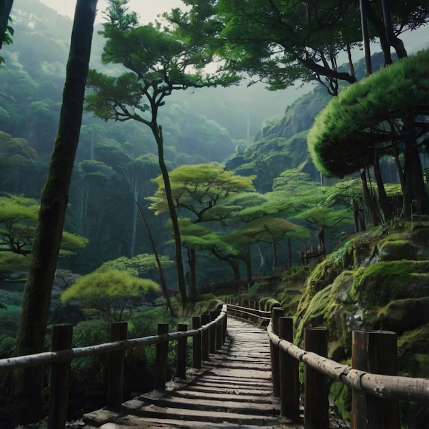 a wooden walkway leads to a mountain with trees and a mountain in the background