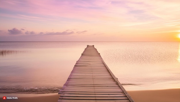 Vector a wooden walkway that leads into the sea beautiful pastel sunset in shades of purple photo