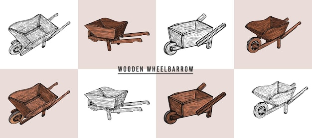 Wooden Wheelbarrow Vintage Hand Drawn Vector Illustration Vintage vector illustration