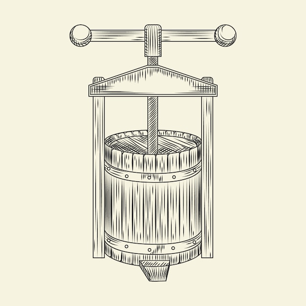 Wooden wine press. Grape press sketch. Cider making vintage engraved style.