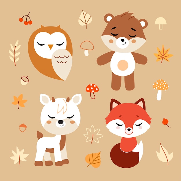 Woodland animals and decor elements set.  illustration.