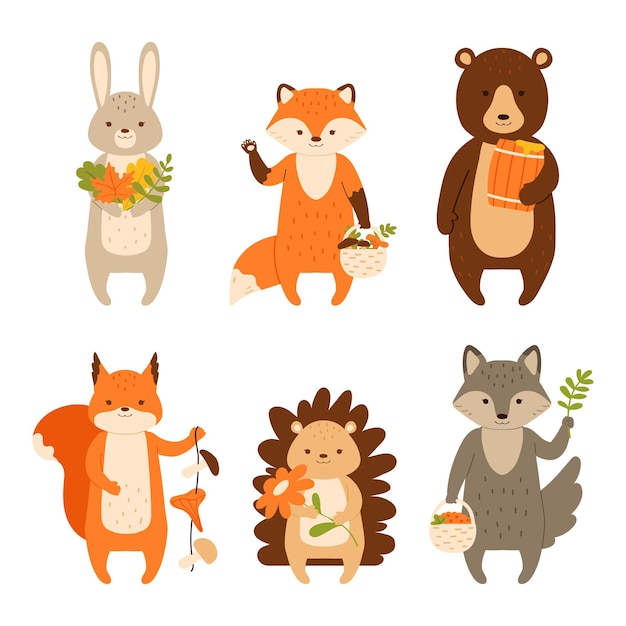 Woodland animals set Characters isolated on white background Vector illustration in flat style