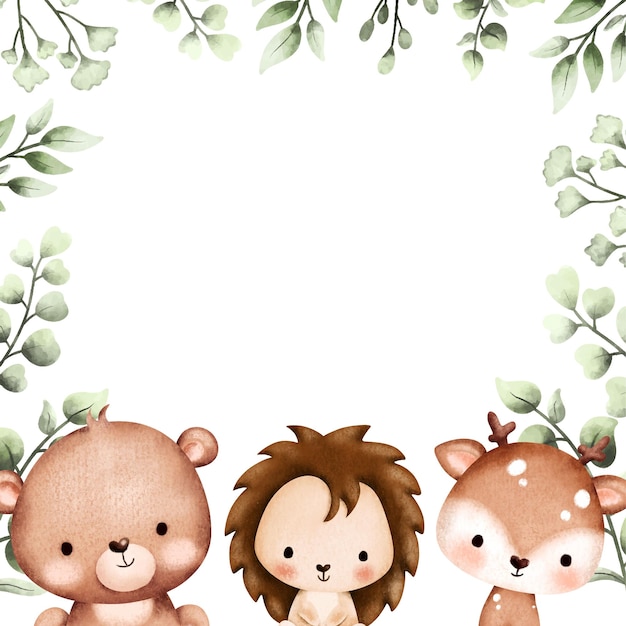 Woodland animals with green leaves frame template