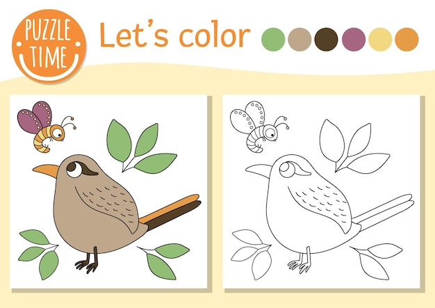 Woodland coloring page for children with bird insect leaves Vector forest outline illustration