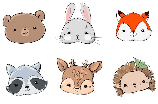 Woodland Set Animals, Hand Drawn Cute Rabbit, Fox, Bear, Raccoon, Hedgehog and Deer