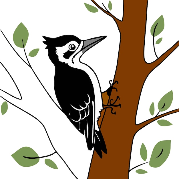 a woodpecker is sitting on a tree branch with leaves