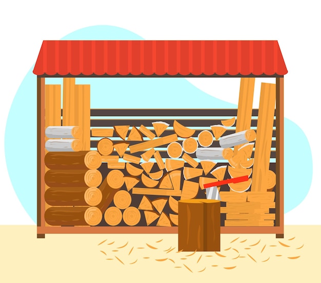 Vector woodpile with different types of firewood and planks. stump with axe with sawdusts.