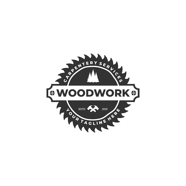 Woodwork vintage logo badge template vector illustration design hammer wood and saw logo