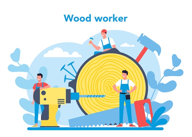 Woodworker or carpenter concept. Builder wearing helmet and overalls with working with wood. Joinery and carpenry workshop. Isolated vector illustration