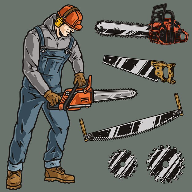 Vector woodworker and tools colorful elements set